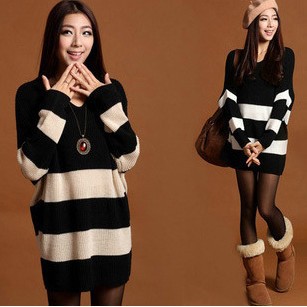 Free shipping new autumn winter loose long bottoming sweater,lady's stripe knitwear