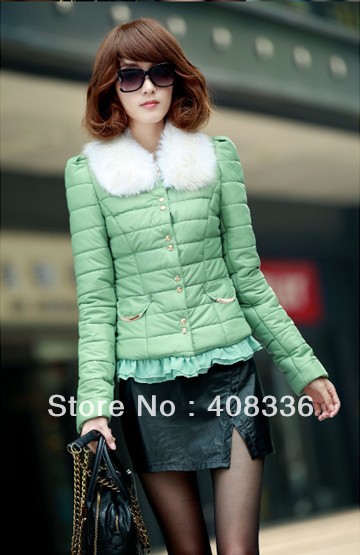 Free Shipping New Autumn Winter Women's Cotton Clothes PU Skin Falbala Wadded Jacket (EWY0020)