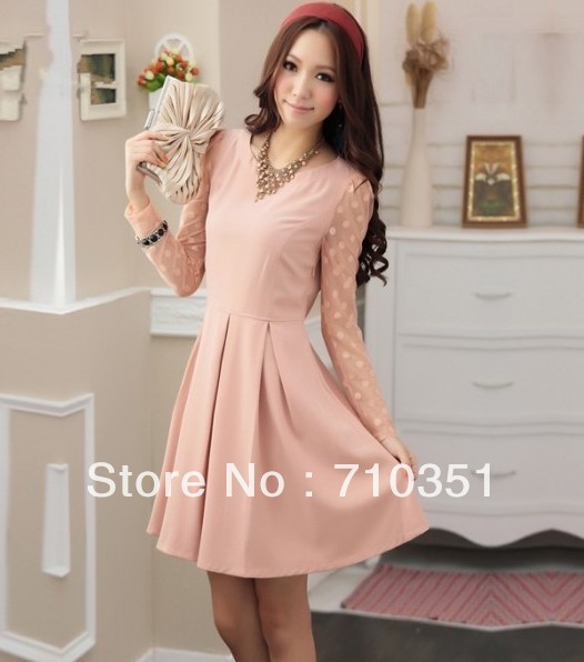 Free shipping New Beautiful Lady Summer Wave Point Net Yarn Long Sleeve Fair Maiden Dress (with belt) Skirt