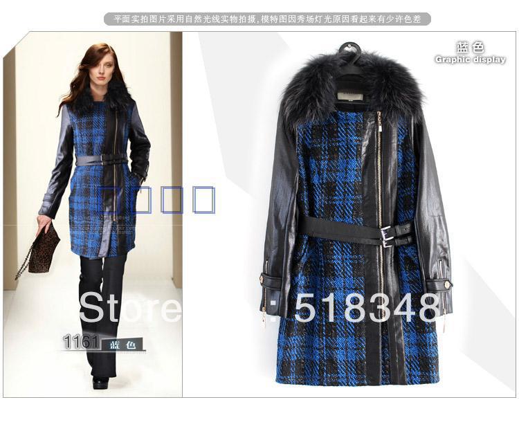 Free shipping! New brand women PU leather stitching wool coat jacket