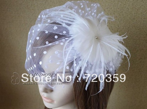 Free shipping!New Bridal Birdcage Veil, Party Headdress, Fascinator Feather veil ,Wedding Accessory white