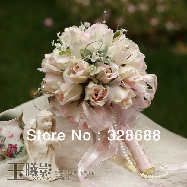 Free shipping New Bridal Hand Flower handmake white roses fake artificial bouquet for wedding with gift