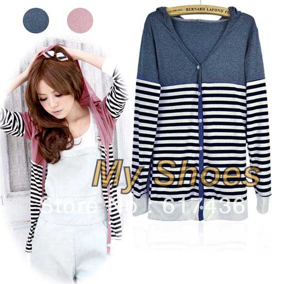 Free Shipping New Casual Women's Lovely Striped Cardigan pullover Top Hoodies Long Sleeve Outerwear 7970