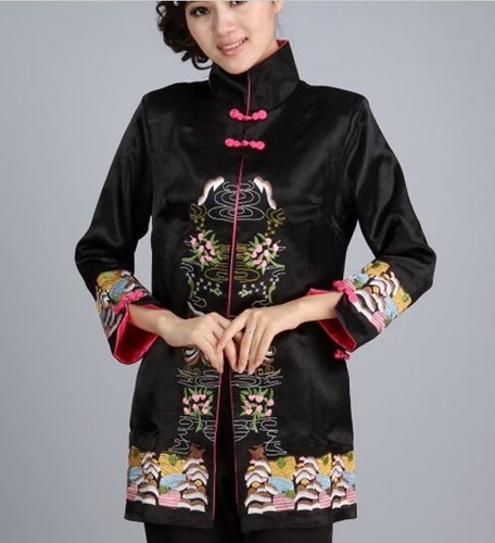 Free Shipping New Charming Chinese women's silk Black embroidery jacket/Coat SZ S M L XL XXL XXXL WJ6644