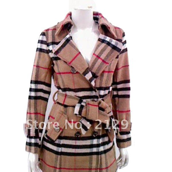 Free Shipping New Claasic Long Sleeve Lapel Plaid Double-breasted Wool Coat Women