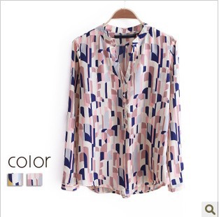 Free shipping new design Europe style contrast color blouses/ OL fashion style/ loose stand collar long sleeve chiffon blouses