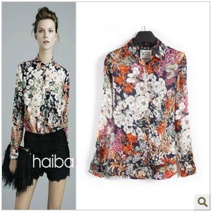 Free shipping new design Europe style lady fashion colorful flower printed shirt/ turn-down collar blouse