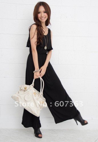 Free shipping New Elegant Lady Sexy Black Flounce Round Collar Jumpsuits