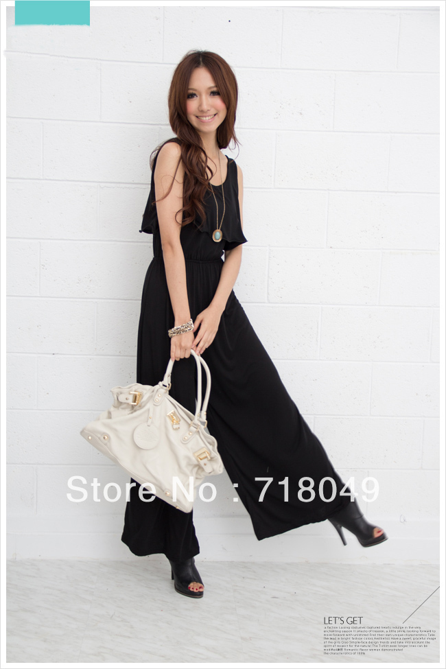 Free Shipping New Elegant Woman's Sexy Black Flounce Round Collar Jumpsuits