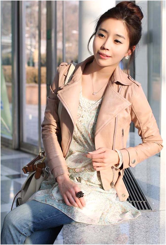 Free shipping! New fahion hot sale women's zipper pu leather jacket lady coat outwear pink color S-L size