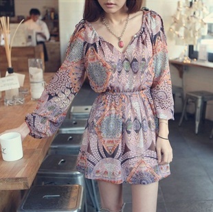 Free Shipping New Fall Clothing Women Fashion Bohemian Print Long Sleeve Chiffon Dress Korean Style N8346
