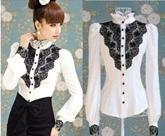 Free Shipping,New Fashiog black lace White ruffled collar Puff long-sleeved shirt  women white blouse 8892 retail and wholesale