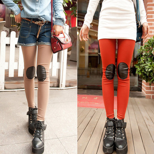 free shipping new fashion 2 faux leather rib knitting patch 100% cotton ankle length legging