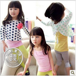 Free shipping new fashion 2012 autumn girls clothing flower dot spaghetti strap vest twinset