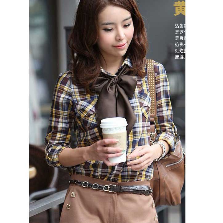 Free Shipping New Fashion 2013 Autumn Clothing for women High Quality Lady sweet and lovely lapel plaid shirt