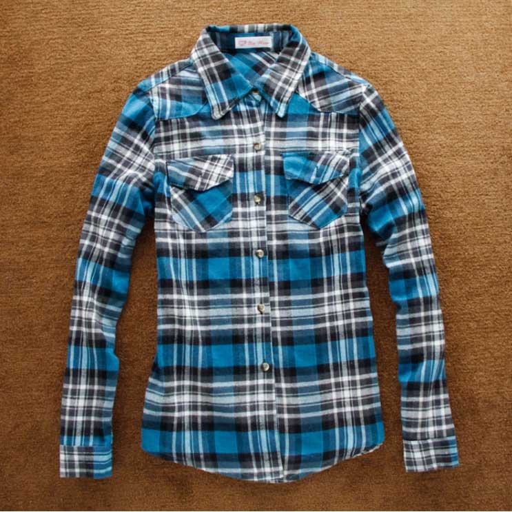 Free Shipping New Fashion 2013 Summer Clothing Women's for women Europe Style long-sleeved checkered blouses t shirt