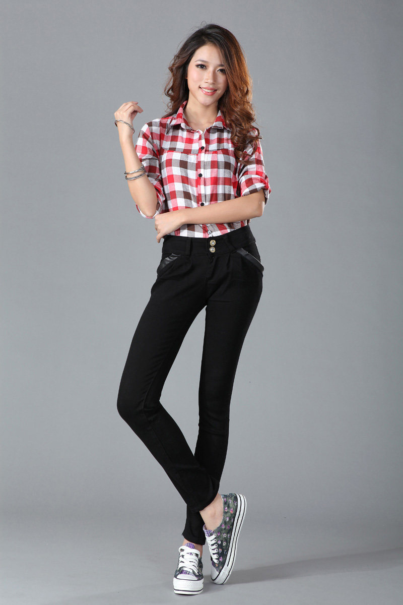 Free Shipping New Fashion Best Selling  2013 veneer double breasted jeans high waist slim casual pencil pants j9897