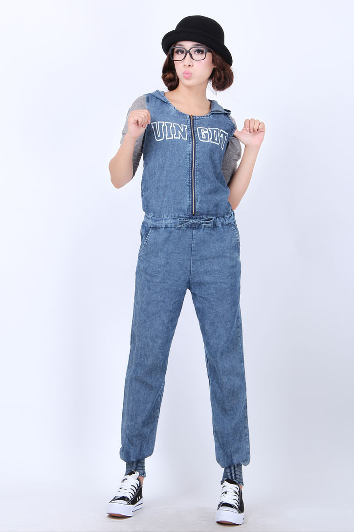 Free Shipping New Fashion Best Selling  Zipper one piece denim trousers print high waist jumpsuit c329 jumpsuit