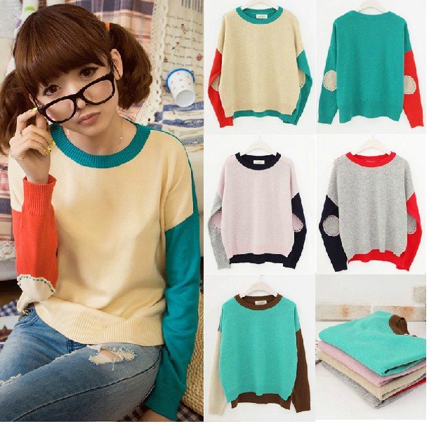 free shipping new fashion cute color matching patch sleeve retro o-neck loose sweater knitwear