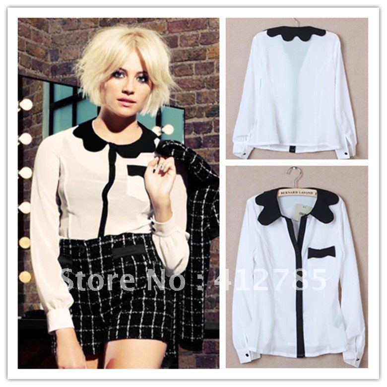 Free shipping New Fashion Europe Retro Women's Long Sleeve Ruffles Collar Chiffon Blouses/ Elegant Chiffon Shirts Brand Design