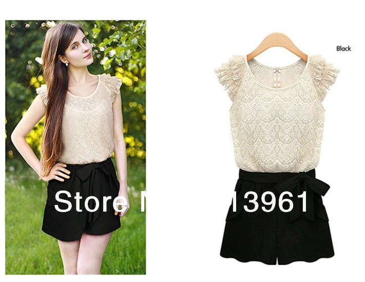 Free Shipping New fashion european style lace ruffle sleeve rompers overall women jumpersuit