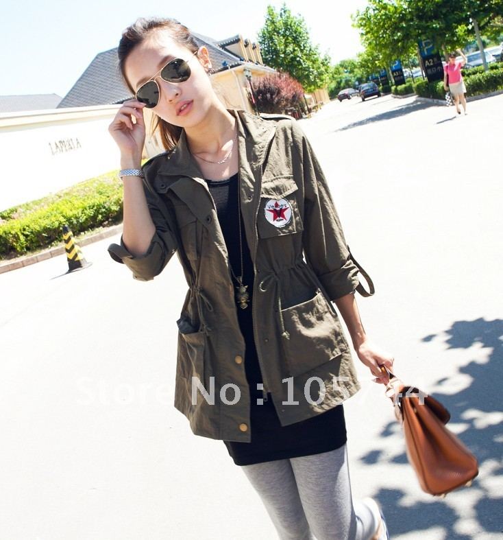 Free Shipping New Fashion Good Quality Autumn Coat Vekees medal tiebelt olive water wash cotton trench lady outerwear - XCHR9002