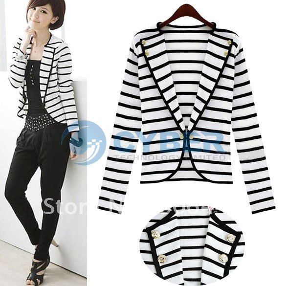 Free Shipping New Fashion Korean Ladies Women's White Stripes Cardigan One Button OL Suit Outerwear Jacket