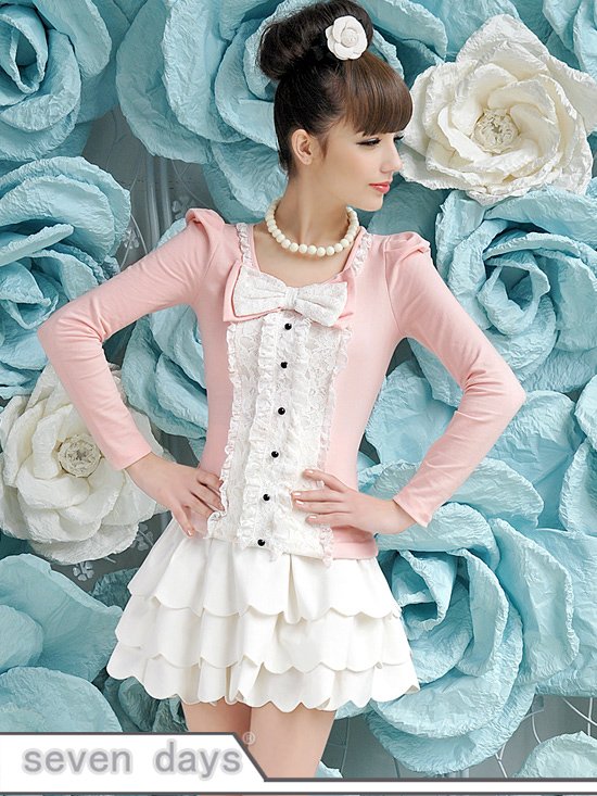 Free Shipping New Fashion Lace Bowknot Flouncing T-shirt Puff Long Sleeve Blouse SL031203