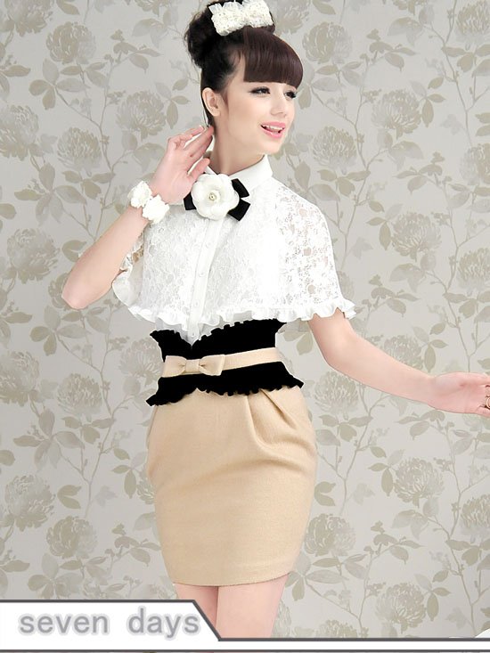 Free Shipping  New Fashion Lace Ruffles Cape Sleeve Blouse WL031803WI
