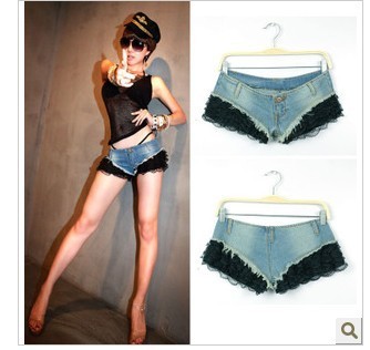 Free Shipping New Fashion Low waist Jeans short Women Hole denim Lace Shorts Sexy Denim Shorts