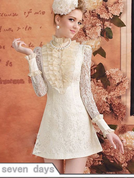 Free Shipping New Fashion Pure Color Ruffles Stand Collar Single-breasted Pearl Buttons Lace Slim Dress ZL091134LY