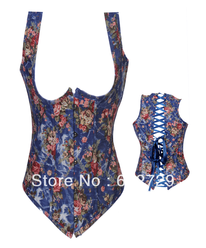 Free shipping new fashion sexy blue floral jeans underbust outwear with strap Lace up boned Corset Bustier S-XXL