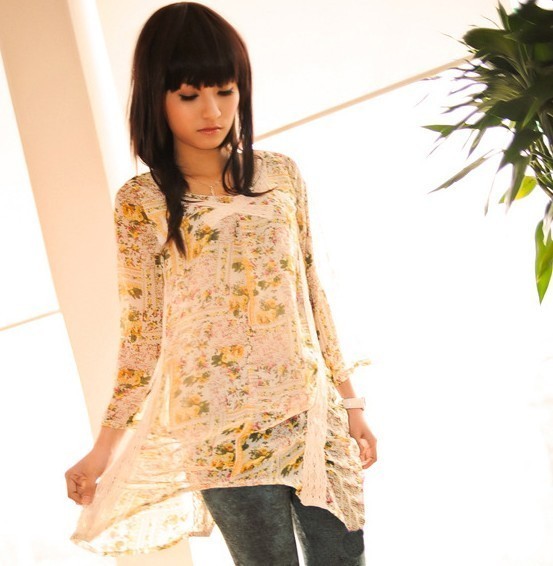free shipping new fashion Spring and summer women's t924 laciness irregular sweep medium-long chiffon t-shirt top