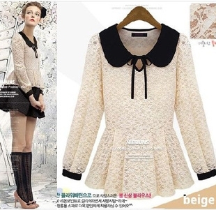 Free shipping new fashion star peter pan collar strap shirt full lace cutout t-shirt women' blouses