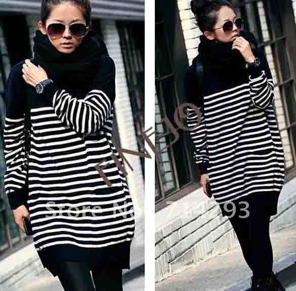 Free shipping New Fashion Style women's Stripe Black Pocket Leisure Wool Sweater Top6583