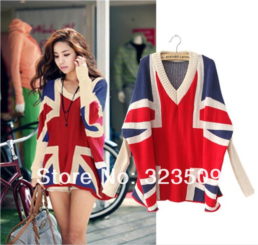 Free shipping new fashion thicken paragraph Union Jack bat sleeve sweater knit cardigan loose woman jacket 11