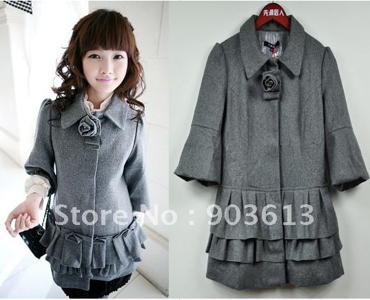 Free shipping new fashion turn-down collar ruffle sweep elegant sweet  halflong wool coat overcoat with brooch