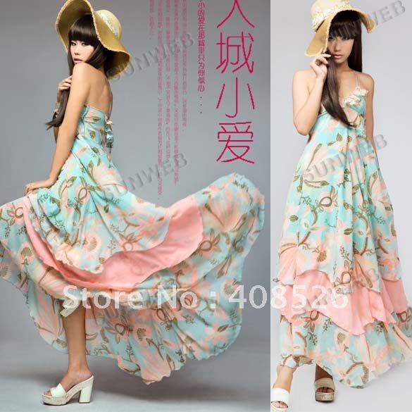 Free Shipping New Fashion V neck Floral dress Bohemian style Maxi Chiffon Long skirt 2008