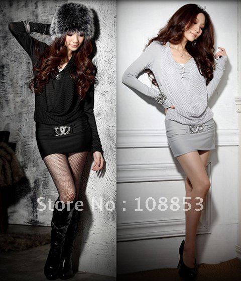 Free Shipping New Fashion Women Lady's Long Sleeve Sexy Tight Package Hip Silk  Deep V-Neck Dress Skirt Evening Party Club Dress