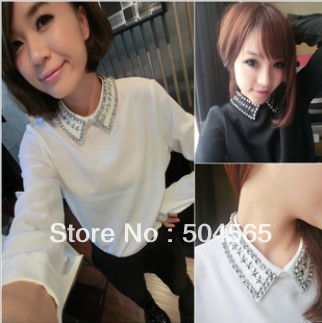 Free Shipping New Fashion Women Rivet Studs Shirts Sexy Chiffon Shirt Lady Summer Cool Blouse Black White TS-053