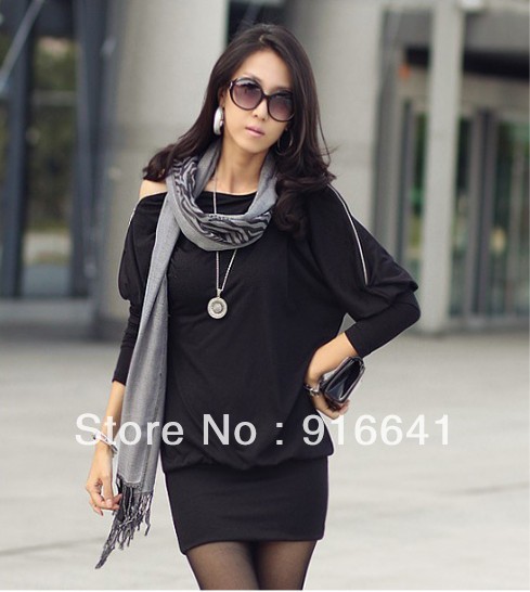 Free shipping  New Fashion Women's Batwing  Slash neck Top Dolman Loose Long Sleeve T-Shirt Blouse Black White