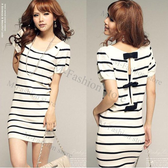 Free Shipping New Fashion Women's Dress Sexy Open Back Bow Grain Knitting Stripes Horizontal
