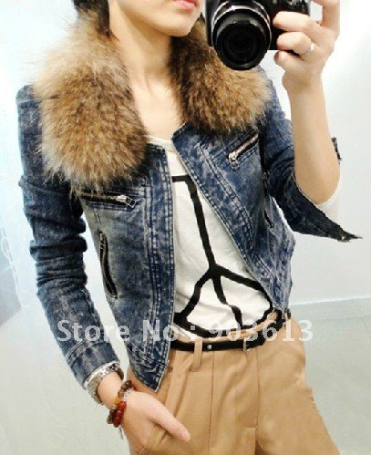 free shipping new fashion women's short denim coat detachable real fur collar zipper denim jacket