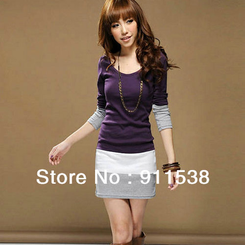 Free Shipping  New Fashion Women's Sweet Stitching Long Sleeve T-Shirt Tops Blouse Mini Dress 3 Colors
