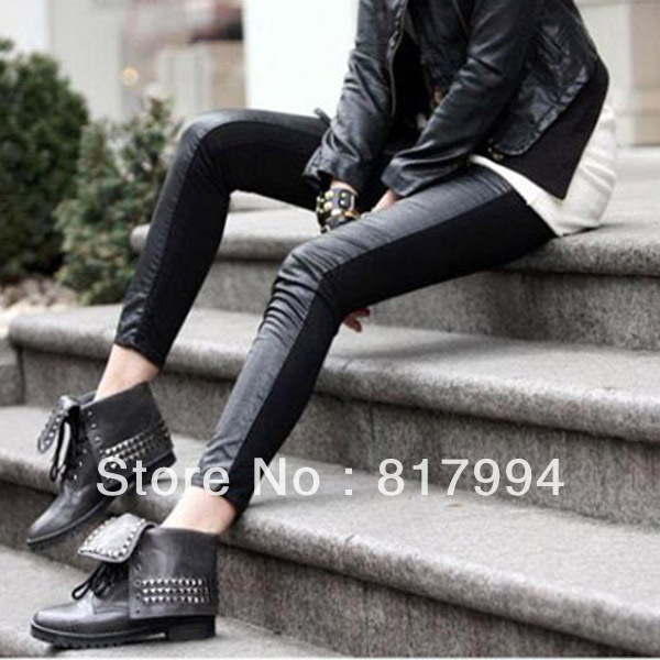 Free Shipping New Fashion Women Sexy Front Faux Leather Back Cotton Stitching Peatchwork Leggings Slim Skinny Tights Pants