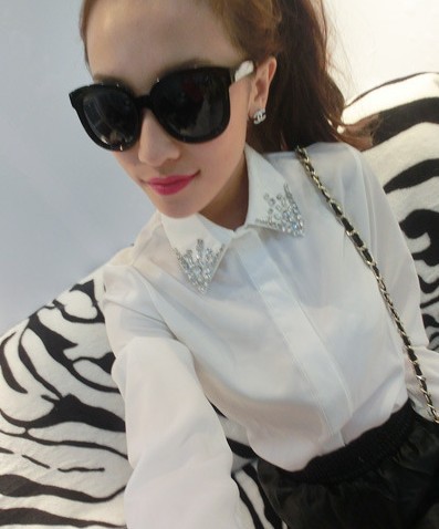 Free shipping new fashion women shirt  Turn-down Colla  rretro  Beading shirt   white color drop shipping C10
