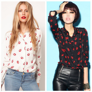 Free Shipping  New Fashion Womens' Hot Red Lip Print Chiffon Blouse Quality Elegant Casual T Shirt Slim Brand Design