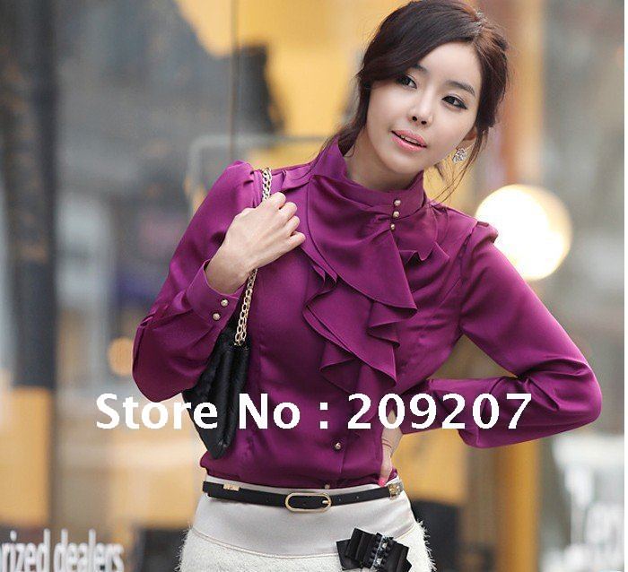 Free shipping new fashion womens ladies shirt OL dresses top blouse  Color: white, purple, nude