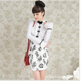 Free Shipping,New FashionSpring new white flounced black bow Slim long-sleeved blouses  retail and wholesale