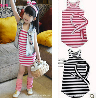 Free shipping new girls 2012 summer girls clothing fresh stripe tank dress child baby 100% cotton t-shirt spaghetti strap